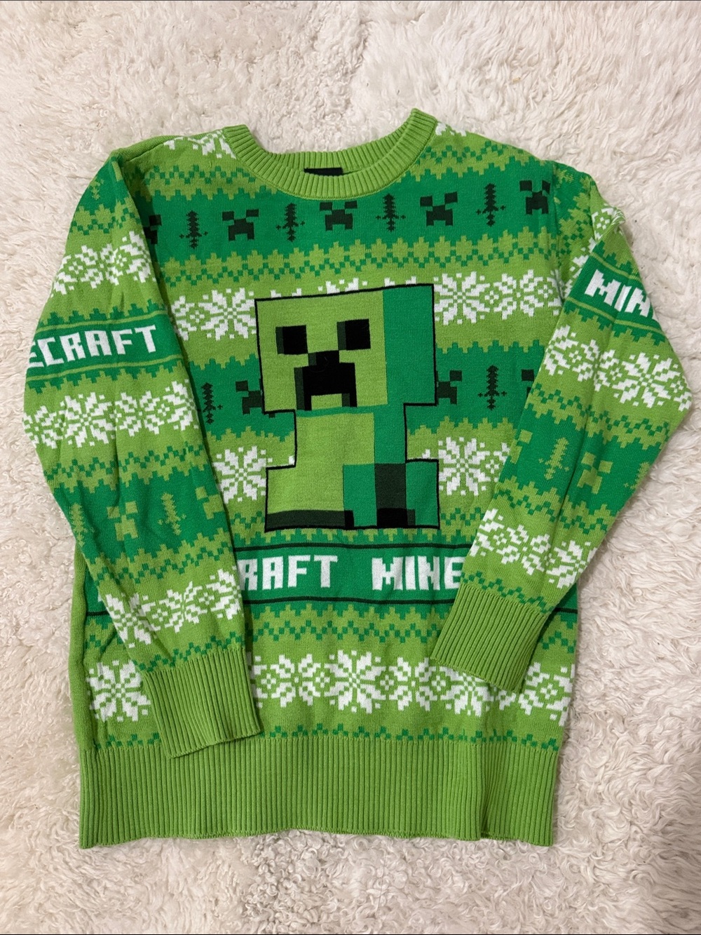 Worn once - Minecraft Kids Green Creeper Holiday Ugly Sweater 8-10